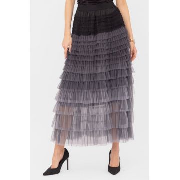 Fusta maxi din tulle, cu volane suprapuse, in degrade gri-negru
