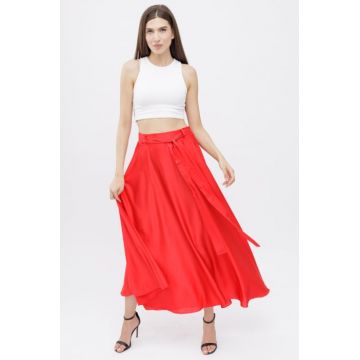 Fusta rosie clos din satin, cu elastic si cordon in talie