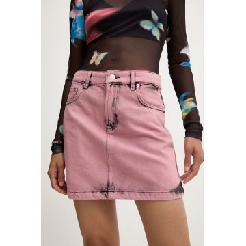 Moschino Jeans fustă din denim culoarea roz, mini, dreaptă, 0102.8222
