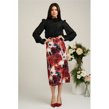 Fusta DY Fashion midi cu trandafiri rosii