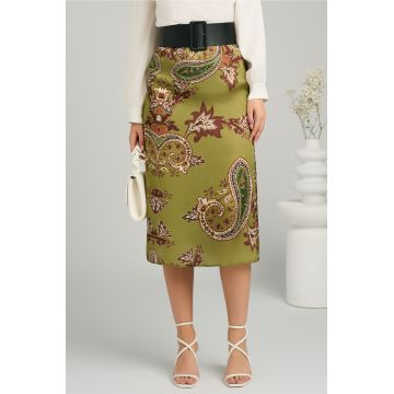 Fusta DY Fashion midi din satin verde fistic cu imprimeu maro Fusta DY Fashion midi din satin verde fistic cu imprimeu maro