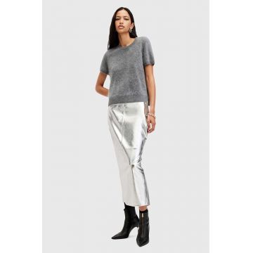 AllSaints fusta de piele RENAI PENCIL SKIRT culoarea argintiu, midi, drept, W070RB