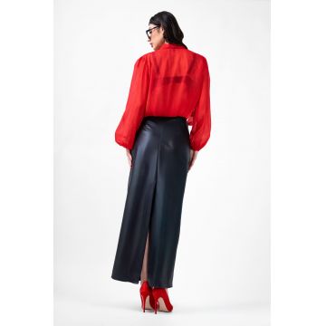 Fusta midi din piele neagra cu detalii decorative