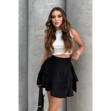 Fusta casual Romina, cu volane asimetrice si efect creponat, Negru