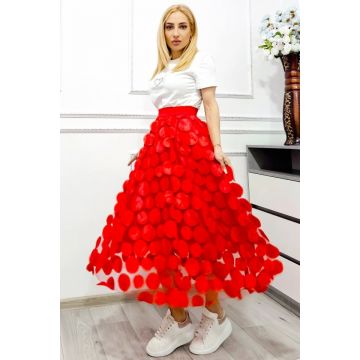 Fusta de ocazie Zefira, cu tull, aplicatii satinate si buline 3D, Rosu, Marime S/M