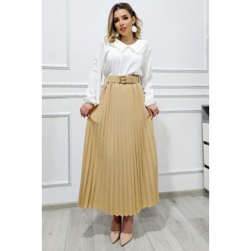 Fusta de zi plisata BELORI si curea decorativa, Bej, Marime S/M/L