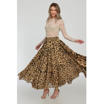Fusta maxi, foarte ampla, clos, din batist de bumbac, animal print
