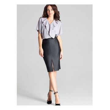 Fusta creion -  midi - neagra - piele ecologica - fermoar decorativ - despicatura