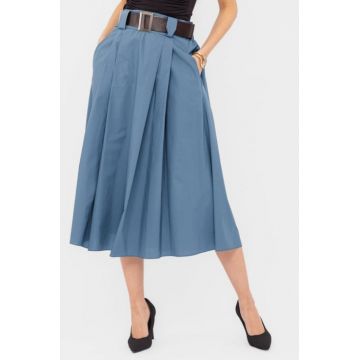Fusta din poplin satinat de bumbac cu curea inclusa, albastru denim