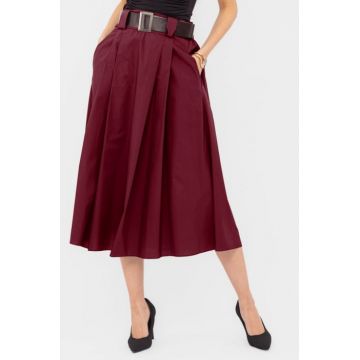 Fusta din poplin satinat de bumbac cu curea inclusa, bordo