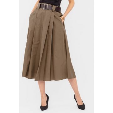 Fusta din poplin satinat de bumbac cu curea inclusa, camel