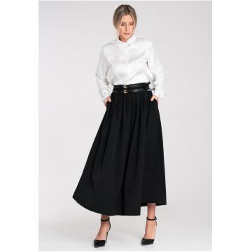 Fusta evazata  midi - neagra - cu curea - buzunare laterale - poliester -