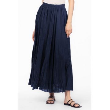 Fusta lunga, ampla, clos, din bumbac creponat, bleumarin