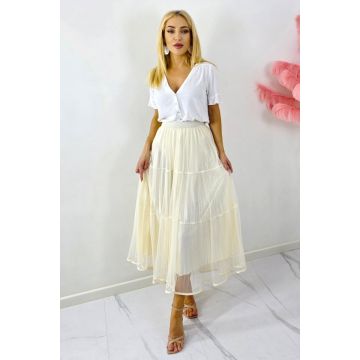 Fusta lunga cu doua fețe, LUNA, aspect plisat si tull, Crem, Marime S/M/L