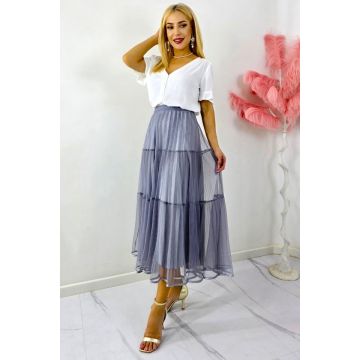 Fusta lunga cu doua fețe, LUNA, aspect plisat si tull, GRI, Marime S/M/L