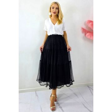 Fusta lunga cu doua fețe, LUNA, aspect plisat si tull, Negru, Marime S/M/L
