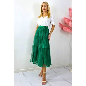 Fusta lunga cu doua fețe, LUNA, aspect plisat si tull, VERDE, Marime S/M/L