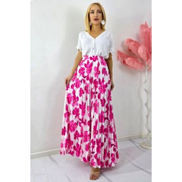 Fusta lunga de vara, plisata ALVINA cu imprimeu floral, Fucsia, Marime S/M