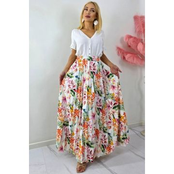 Fusta lunga de vara, plisata ALVINA cu imprimeu floral, Orange, Marime S/M