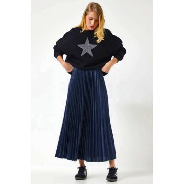 Fusta lunga plisata BRISEL, cu textura satinata, Bleumarin