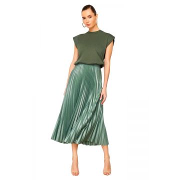 Fusta lunga plisata BRISEL, cu textura satinata, Verde menta