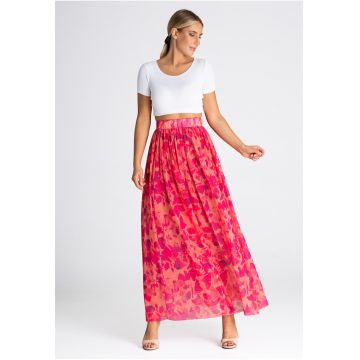 Fusta lunga plisata -  floral - roz - textil -