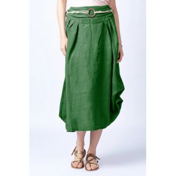 Fusta lunga verde oliv cu poale prinse, din in, cu o curea fancy