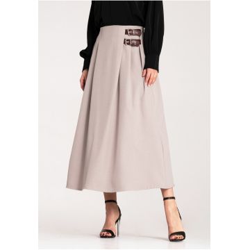 Fusta midi  cu curea - bej - material usor - poliester -