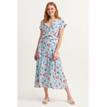 Fusta midi cu model floral si talie inalta