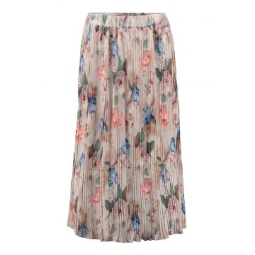 Fusta midi cu pliuri - talie elastica si model floral