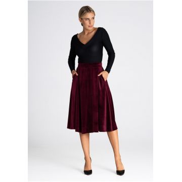 Fusta midi evazata  M964 - rosu - catifea - cu buzunare