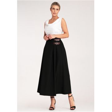Fusta midi neagra  cu curea - eleganta - din poliester si elastan -