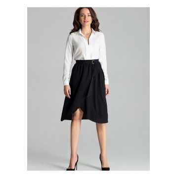 Fusta midi  neagra - talie plisata - fermoar lateral ascuns - curea cu catarama aurie - poliester