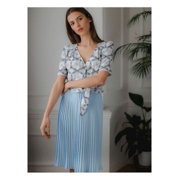 Fusta midi -  plisata - talie elastica - albastra - poliester -