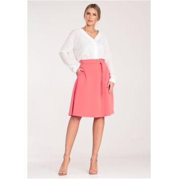 Fusta midi  roz - cu curea aurie - croi evazat - poliester