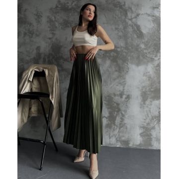 Fusta plisata lunga reflexe verde inchis marime unica