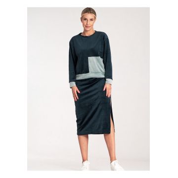 Set  bluza bicolor cu maneci lungi - fusta creion cu fanta - bleumarin - velur