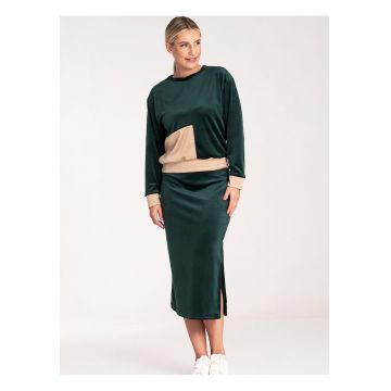 Set  bluza bicolor cu maneci lungi si fusta creion - verde - velur - poliester