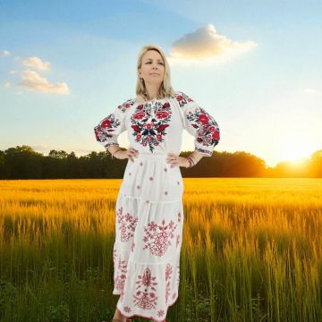 Fusta Alba ca Soarele cu broderie rosie