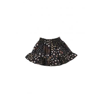 Fusta cu volan si imprimeu floral  - Blossoms - Negru cu floricele - pentru fetite
