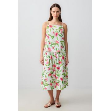 Fusta din amestec de in cu model floral si talie elastica
