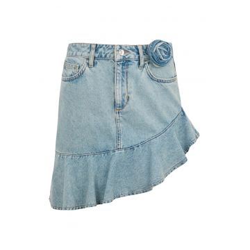 Fusta din denim cu terminatie cu volane