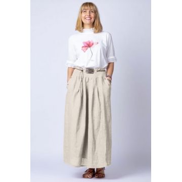 Fusta lunga casual, bej deschis din in, cu o curea fancy