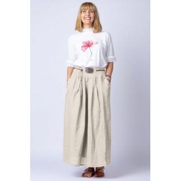 Fusta lunga casual, bej deschis din in, cu o curea fancy