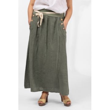 Fusta lunga casual, kaki, din in, cu nasturi de lemn la buzunare