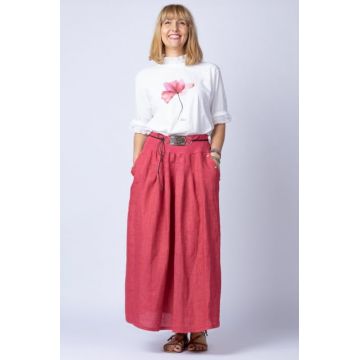 Fusta lunga casual, roz inchis, din in, cu o curea fancy