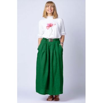 Fusta lunga casual, verde intens, din in, cu o curea fancy