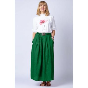Fusta lunga casual, verde intens, din in, cu o curea fancy