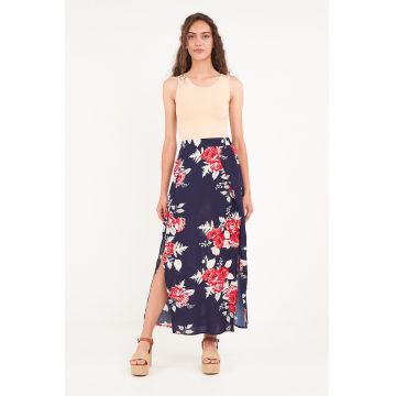 Fusta lunga cu model floral si slit lateral