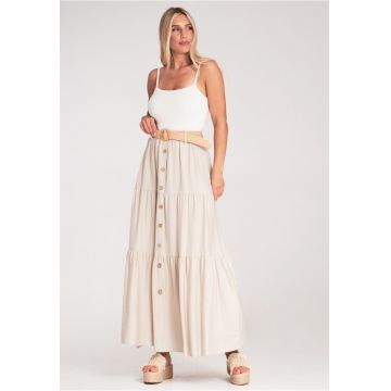 Fusta maxi  bej - bumbac - cu nasturi si volane - talie inalta - curea decorativa -